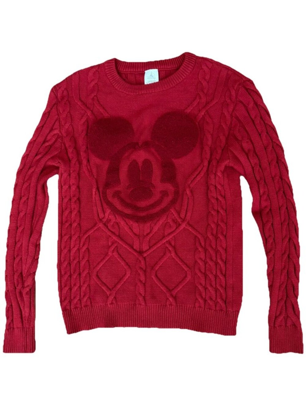 Disney Parks Mikey Mouse Cable Knit Sweater Pull Over Women Medium Red Crew Neck